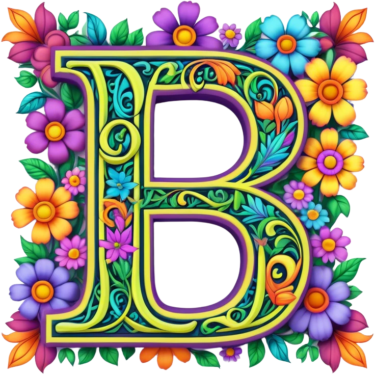 3D, gothic style psychedelic colored Letter D with hippie style flower border emoji