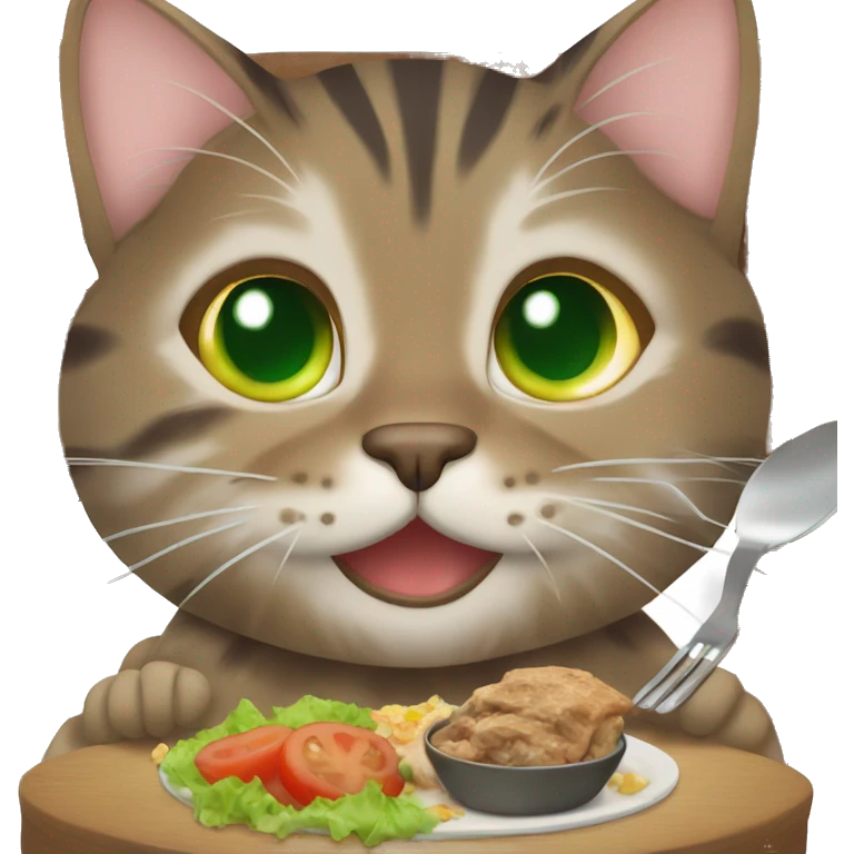 A brown tabby cat with green eyes eating dinner emoji