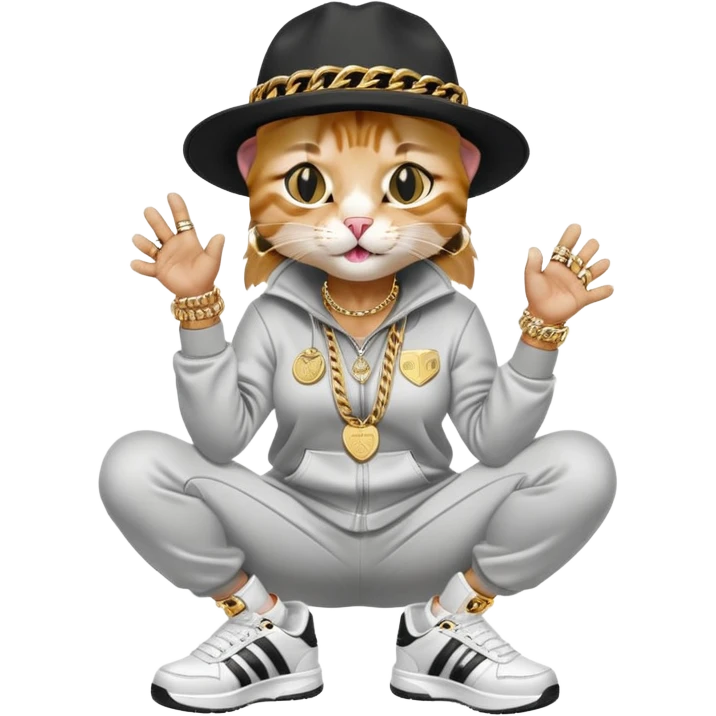 female cat wearing Run DMC hip-hop outfit with tracksuit, fedora, Adidas sneakers, many gold chains, rings, bracelets, flashy earrings, laughing and looking up, no sunglasses emoji