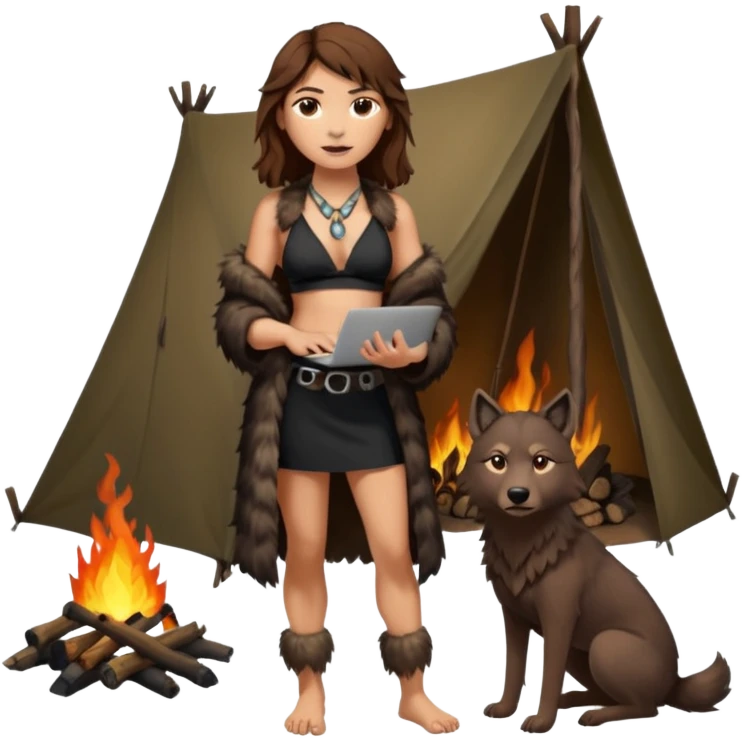 a NEANDERTHAL WOMAN WITH BROWN HAIR STANDING BY A FIRE AND TENT WITH BLACK WOLF HALTER TOP AND A LAPTOP AND FUR COAT emoji