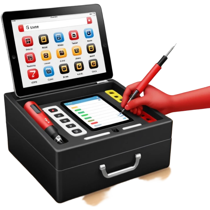 Open professional black testing case on wooden desk. Interior: control panel with colored sockets, USB ports, and power outlet. Inside: a roll of white QR-code calibration stickers. Hand using a red test probe.  emoji