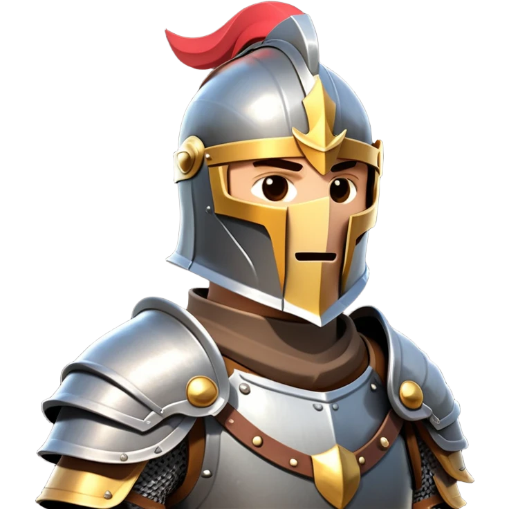 clash-of-clans-aesthetic_-cinematic-fearsome-and-majestic-knight-bust-portrait-emoji, rendered in a flat, vector-style with minimal shading and bold, simplified shapes typical of emoji art, depicting a battle-ready medieval knight standing, mounted on a heavily armored warhorse with plated barding gleaming in the sunlight. emoji