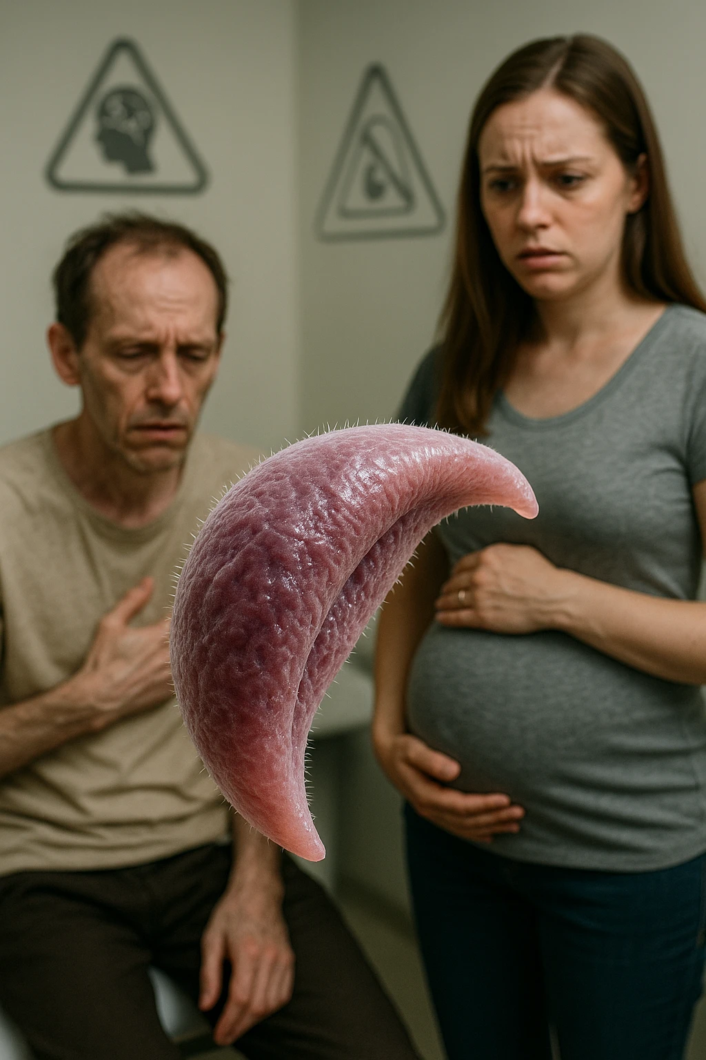 Toxoplasma gondii, infetta uomo immunodepresso e donne incinta. Causando gravi problemi tutto scritto in italiano immagine iperrealistica emoji