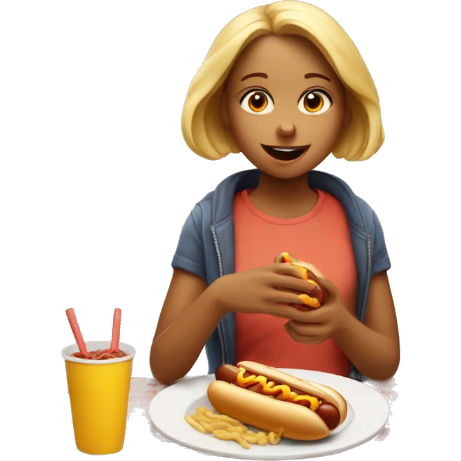 Girl eating hotdog at family dinner  emoji