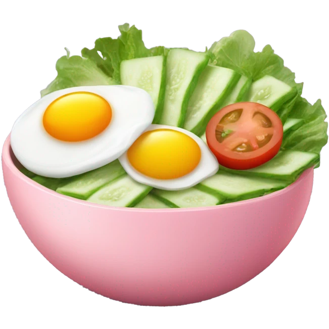 cucumber, tomato and lettuce chopped up in a pink bowl, topped with a fried egg emoji