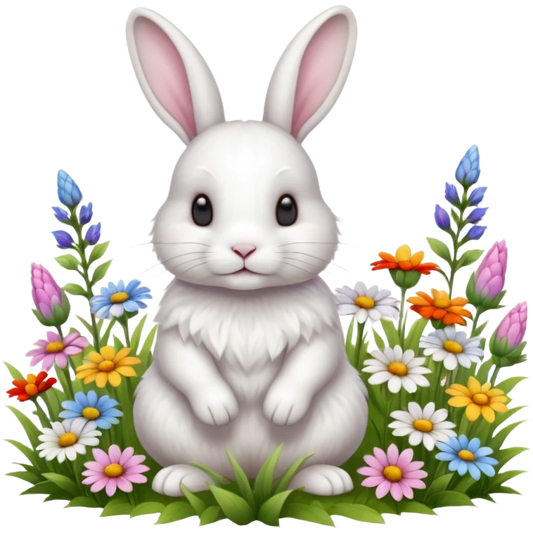 A fluffy white rabbit sitting in a meadow full of colorful flowers, ultra-realistic, high detail, soft morning light emoji