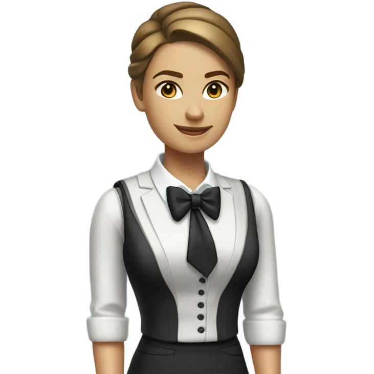 a caucasian female butler with a professional and elegant demeanor. She has her hair neatly tied in a ponytail and wears a classic butler uniform, including a tailored vest, crisp white shirt, and bow tie. emoji