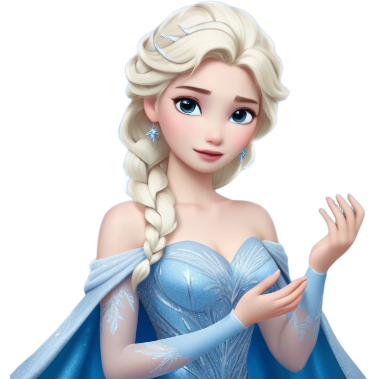 Cinematic Realistic Elsa Portrait, depicted with lifelike skin texture, soft natural lighting, and intricately detailed platinum blonde hair styled elegantly. Her striking, expressive blue eyes exude confidence and grace, complemented by a serene and regal expression. She holds a shimmering snowflake delicately in one hand, her other hand resting against her gown, embodying the power and beauty of winter. She is dressed in her signature icy attire, with shimmering fabric textures and delicate folds that catch the light beautifully. The portrait features a soft, enchanting glow with a cool, radiant finish, capturing the essence of timeless elegance in a realistic and painterly style. emoji