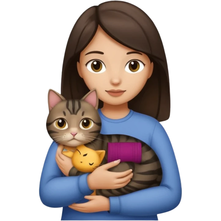 Brunette girl with light tan skin holding a fat black tabby cat emoji