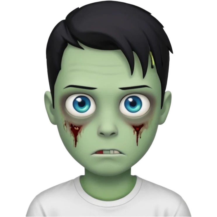 boy zombie with blue eyes and slick back middle part black hair green skin and white t shirt greasy hair more slicked back emoji