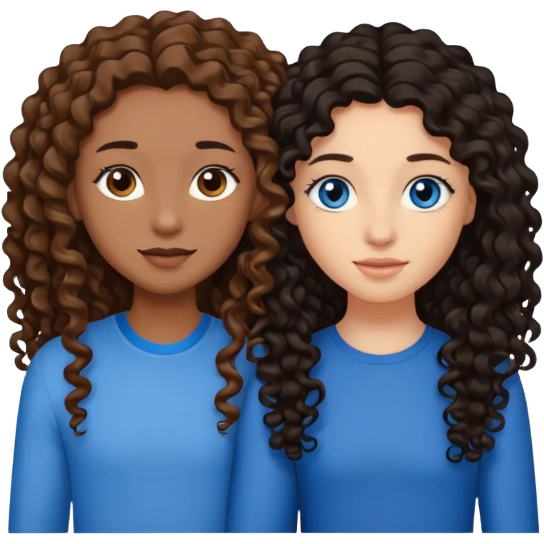 Two best friends .bestie 1: beige skin with brown long hair and blue eye. Bestie 2:mixed race skin with curly black hair and brown eye emoji