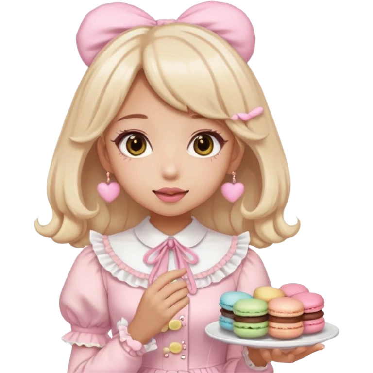 a light pink lolita hime gyaru dress with a macaron in hand, emoji style emoji