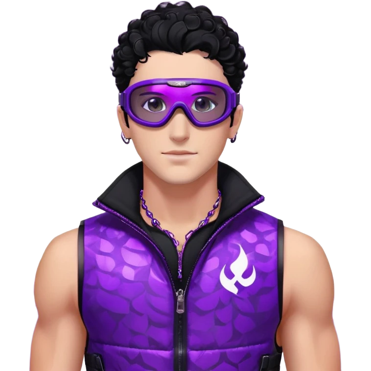 male athlete with white skin and moderately curly black hair on top with shaved sides, wearing ski goggles with purple frames and very dark black lenses, a simple plain black chain necklace, and a completely unzipped sleeveless vest with purple and black sequin fire pattern design, fully revealing his chest, shoulders and arms, no earrings emoji