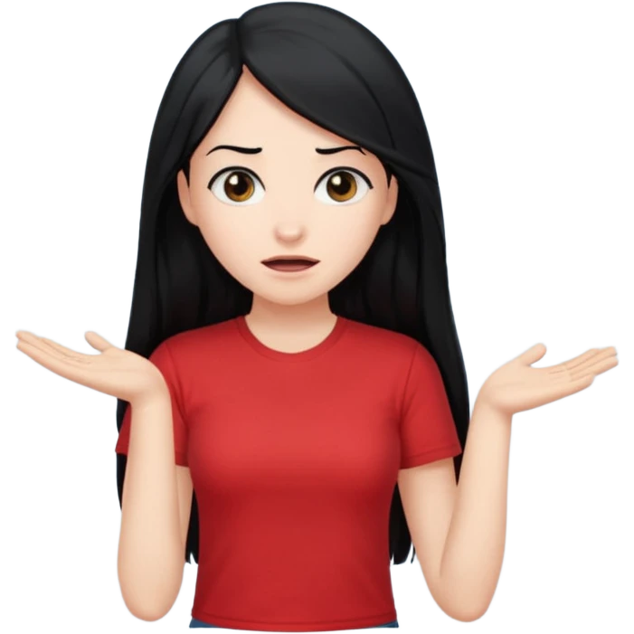 빨간색 티셔츠를 입고 긴 검정머리를 가진 여성이 모르겠다는 듯이 어깨를 올리고 고개를 살짝 왼쪽으로하고  제스처를 하고있음 🤷🏻‍♀️ emoji