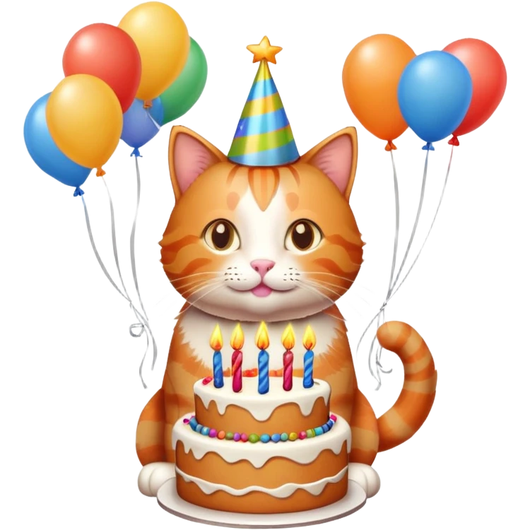 Ginger cat celebrates birthday, birthday hat, birthday cake, balloons, happy emoji