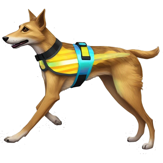  brindle brown black maroon striped lurcher Alsatian fox running blue eyes and iridescent holographic oilslick harness wearing paper iridescent tropical flower crown yellow caution tape emoji