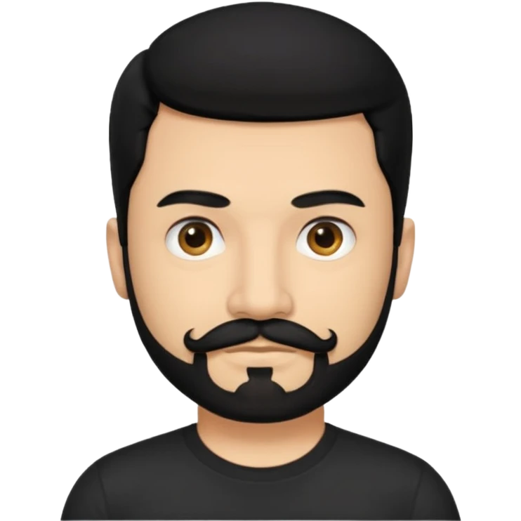 Man, hispanic skin, black hair, black beard, black mustache black eyes black t shirt emoji