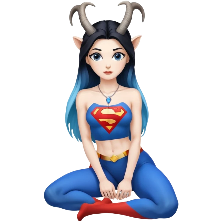 Art of a human white woman's sexy body scheme anatomy-very long-straight black to blue hair ombre-small goat antlers-leanimg back-on knees-superman necklace emoji