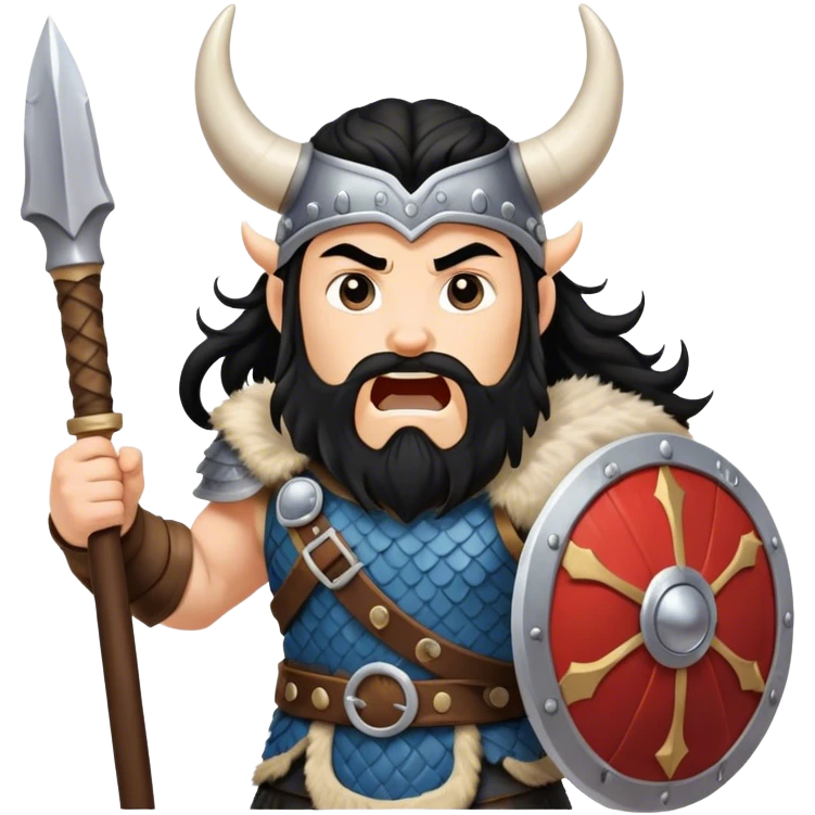 vikingo con armadura de Asgard, con cuerno de vaca, pelo negro ondulado, de pie, grito de guerra en torre de Asgard. emoji