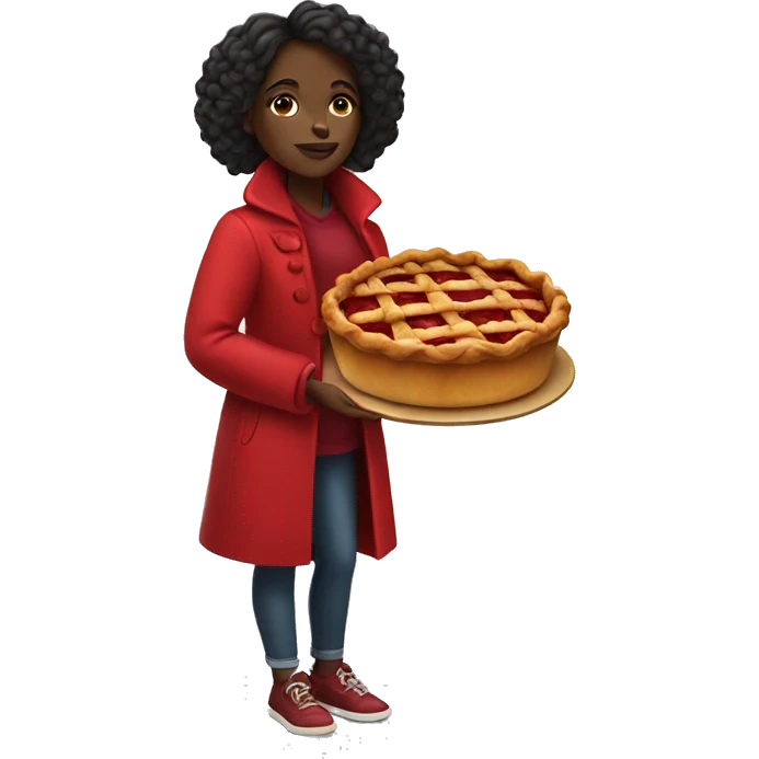Black girl in a red coat holding a bright red apple pie emoji