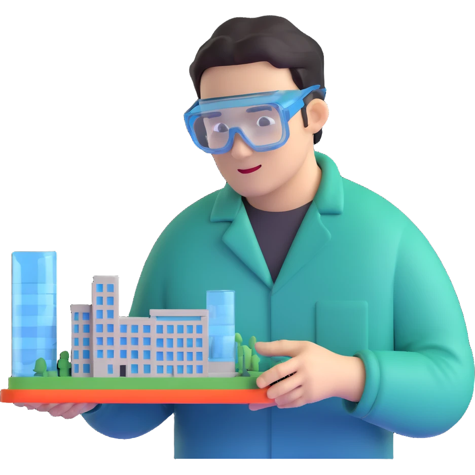 man making a model of a building wearing transparent protective safety glasses emoji