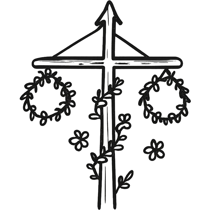 hand-drawn midsommarstång (maypole) with simple lines, leafy garlands, small flowers, minimal charming black outlined hand-drawn icon style emoji