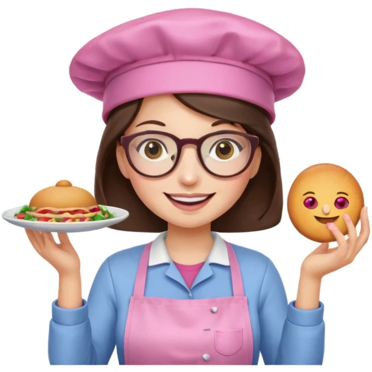 brunette girl with glasses and a pink kitchen hat cooking, smiling and presenting a dish, emoji style emoji