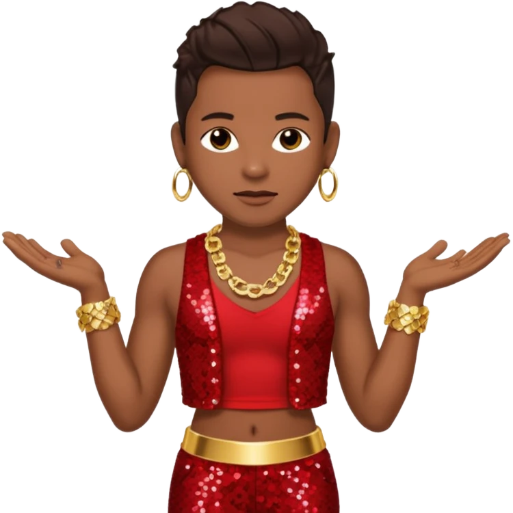 Bobby Brown with dark brown hair, red sequin bolero crop top, red sequin harem pants, shirtless with necklace emoji