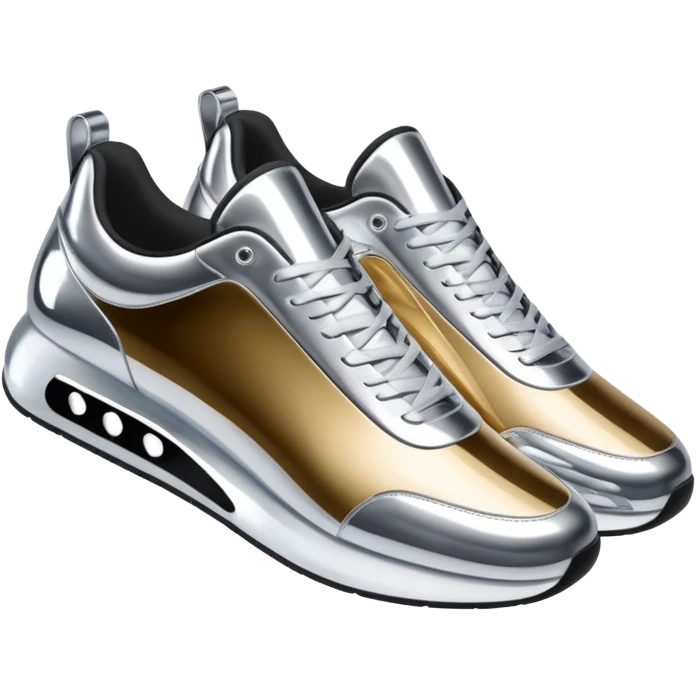 A pair of futuristic sneakers emoji made of silver chrome, sleek streetwear design, smooth metallic panels, subtle reflections, luxury swag aesthetic, iOS emoji style, centered, clean white background emoji
