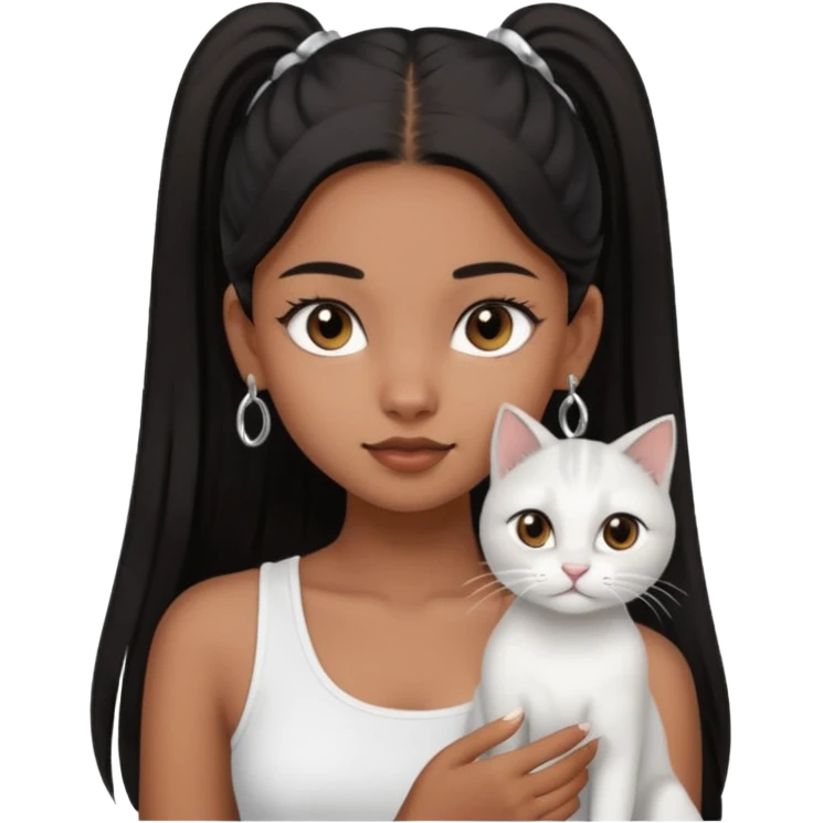 An brown skin Teenager girl with brown eyes, long black hair in one high ponytail, with a white crop top holding her grayish-white cat, and small silver earrings emoji