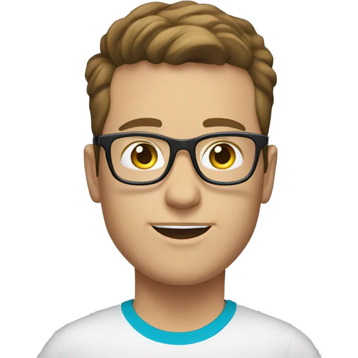 white young man with blue eyes and brown hair and square glasses wearing green t-shirt with laptop emoji