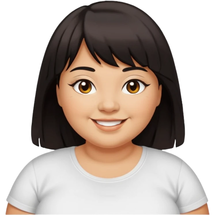 overweight woman with tan skin, black eyeliner, long dark hair with bangs, brown eyes, smiling, white t-shirt emoji