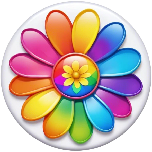 A round psychedelic colored button with bezeled edges and a rainbow colored flower in the center emoji