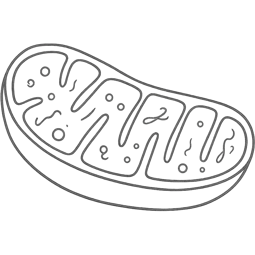 Draw a schematic pen-style drawing of a mitochondrion structure on white paper, isolated on a white background, similar to the reference image. The style should be hand-drawn with black outlines and no fill, resembling a clear scientific sketch. emoji