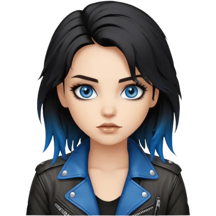 
 rockstar girl with black disheveled hair, blue eyes, Smokey eyes grunge makeup,  emoji