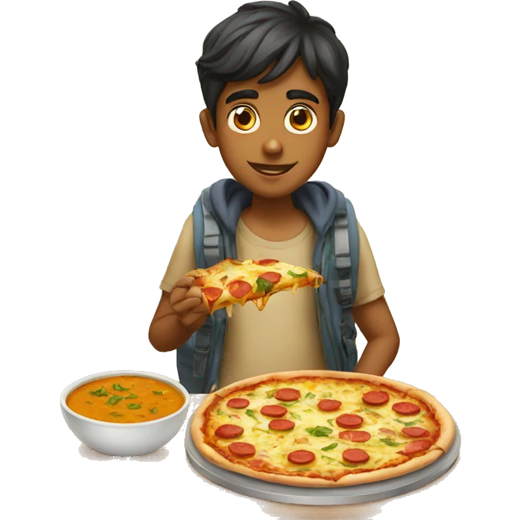 Indian boy having pizza with egg curry  emoji