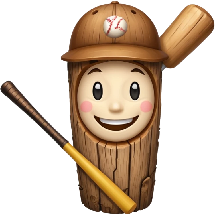 Wood log with a smiling face holding a baseball bat. emoji