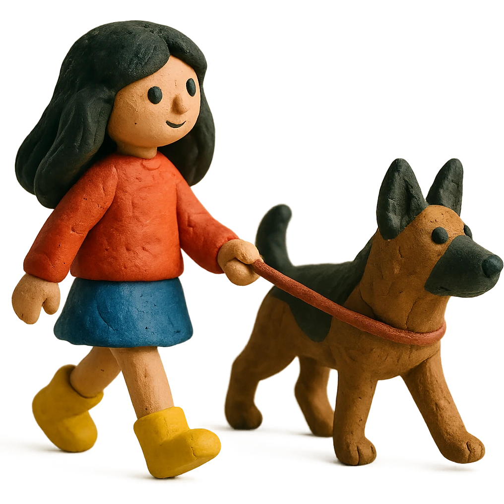 girl with long black hair walking a German Shepherd emoji