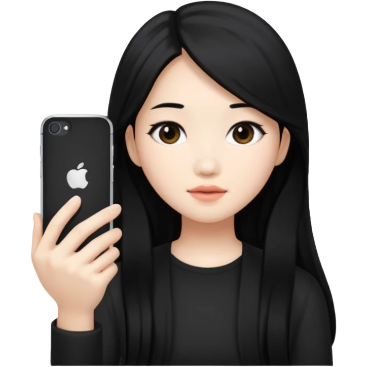Black long hair white skin Asian girl using iphone16 black emoji