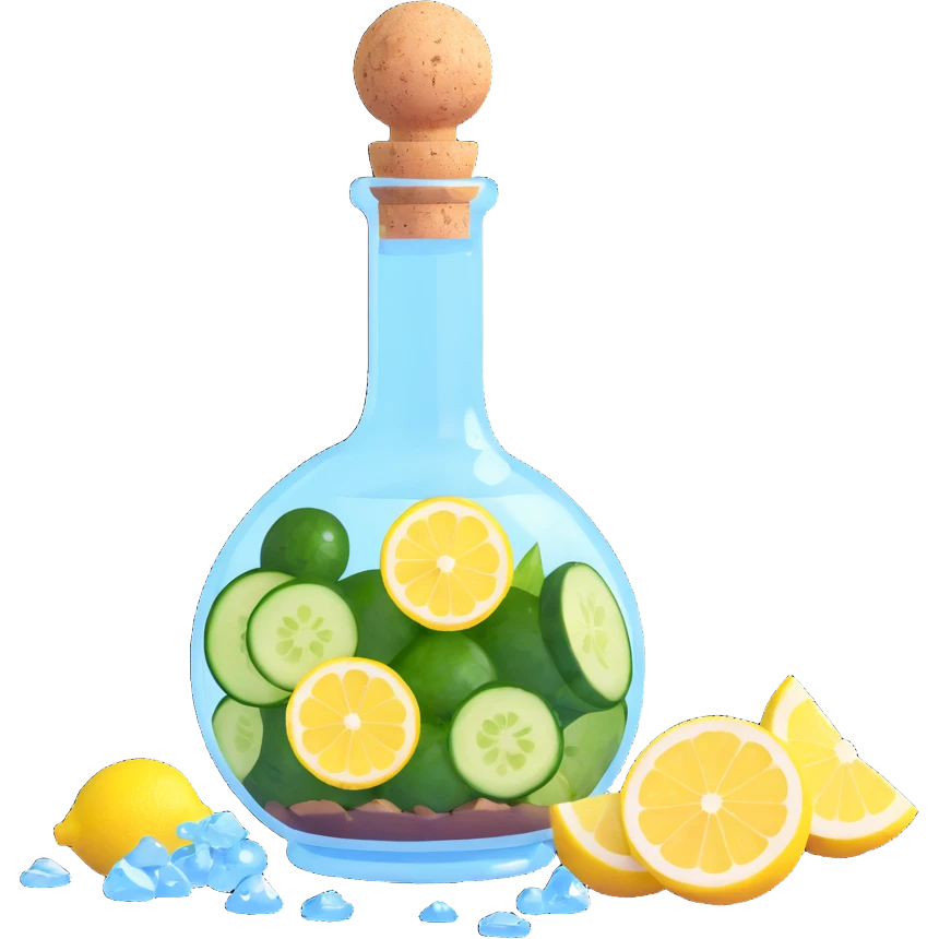 potion bottle with a perfectly round floating bottom, very small cork, very short neck, filled with #00d9ff liquid, inside cucumber slices, lemon slices, ice cubes, edible flower petals, and magical sparkles, soft lighting, transparent glass, clean background, fantasy style emoji