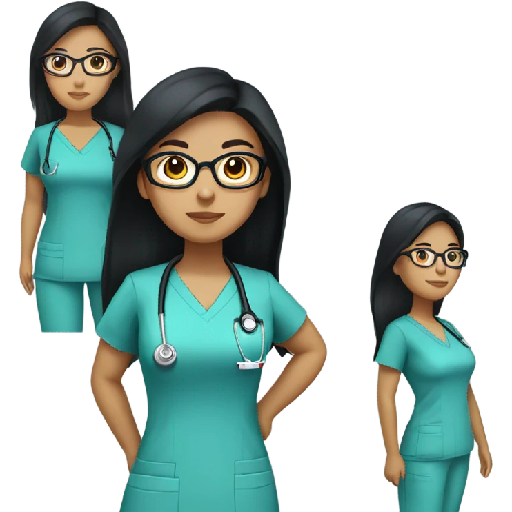 filipino nurse with long straight black hair and tan skin and clear glasses in scrubs emoji