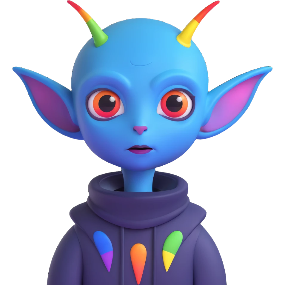 gay EMO alien with expressive features, rainbow accents, dark clothing, vibrant and moody scene conveying LGBTQ+ pride and emo subculture, dark blue background emoji