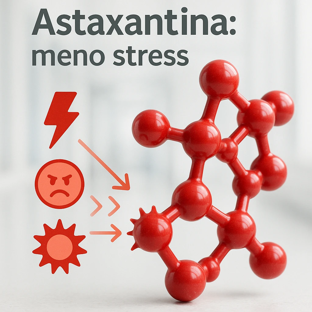 hyper realistic red astaxanthin molecule reducing oxidative stress, absorbing stress symbols, clinical atmosphere, light background, text 'Astaxantina: meno stress' emoji