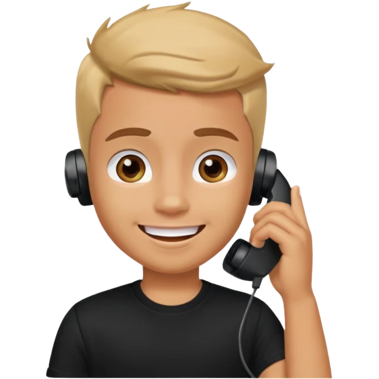 generate a pretty tan bratz boy smiling while talking on call. Wearing a black tshirt emoji