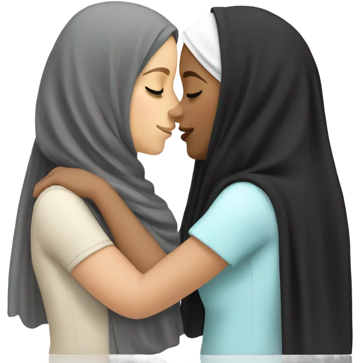 white girl with black hair kissing another white girl with a hijab on her head emoji