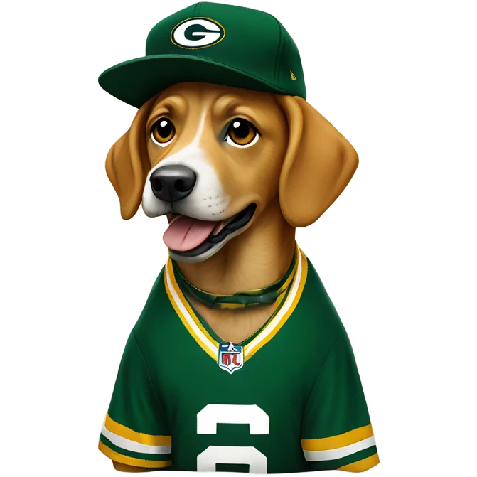 Dog wearing Green Bay packers jersey and hat emoji