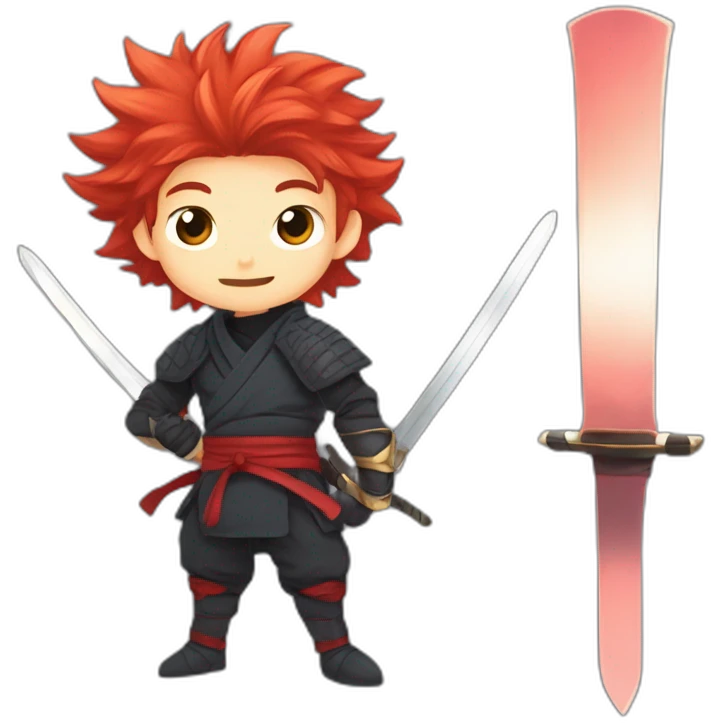 Anime ninja with Red haired young boy with cheeky grin and pointy fluffy hair with a sword in a defense pose emoji