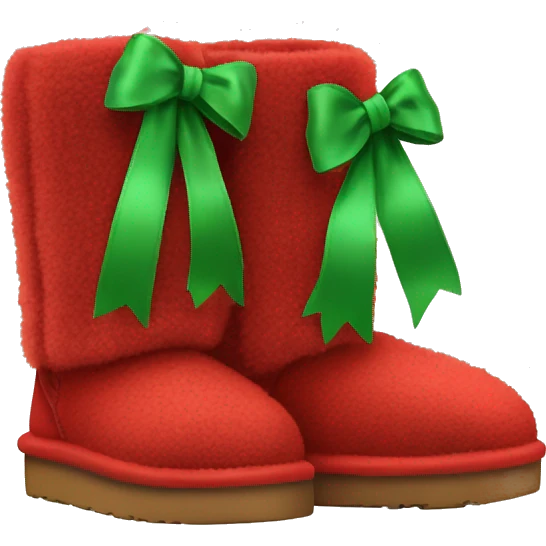 Realistic red Ugg fur boots with gree ribbon bows isolated.  emoji