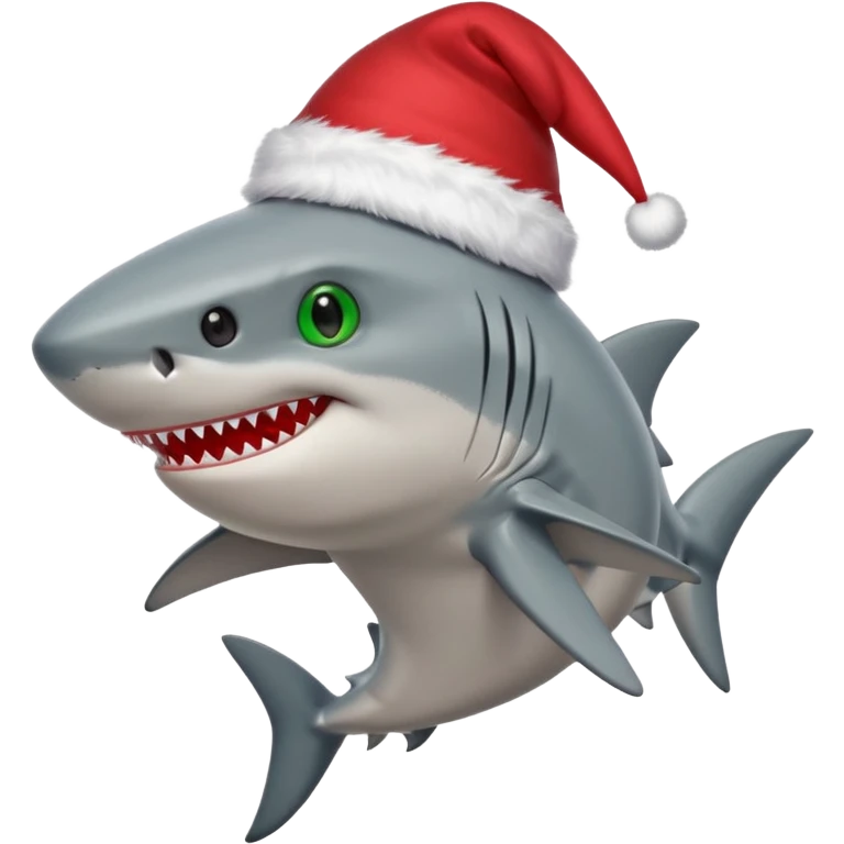Shark with green shoes and red eyes wearing a Christmas hat emoji