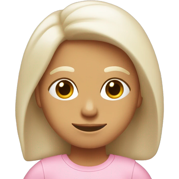 Chica delgada piel blanca, pelo marrón liso hasta los hombros con camiseta rosa claro emoji
